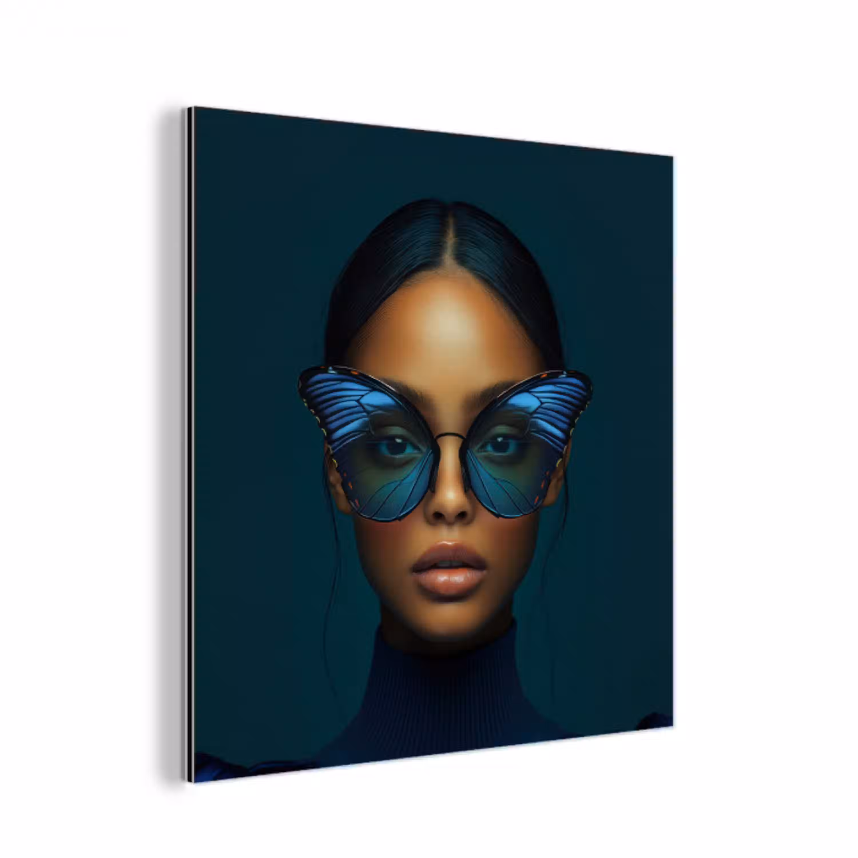 Vrouw - Vlinder - Bril - Blauw - Modern - Portret aluminium wit klein -3d