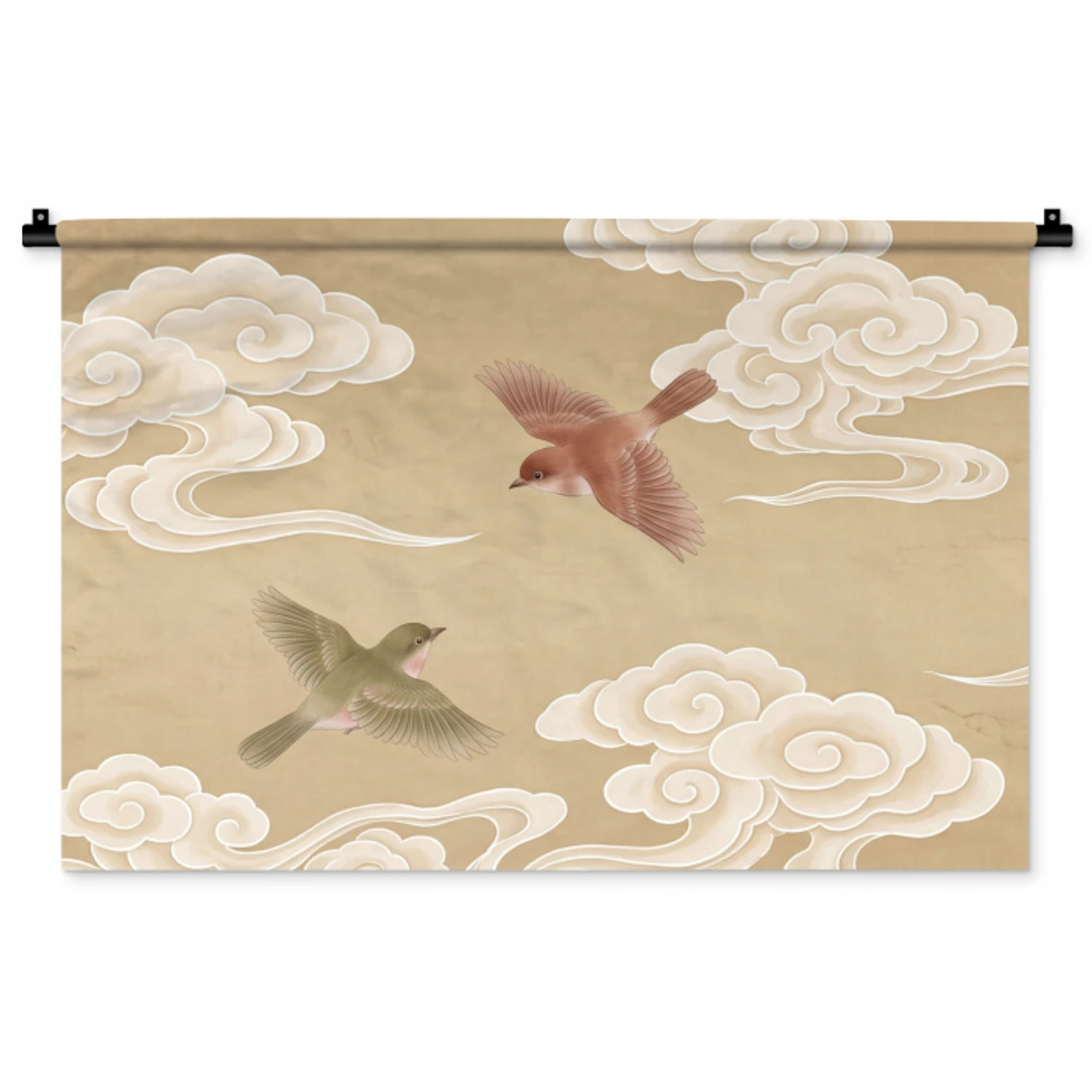 Vogels - Vliegen - Beige Wandkleed katoen middel -zz3d