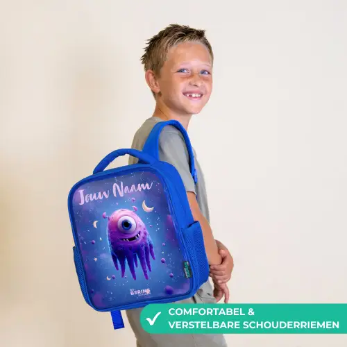 Vrolijk paarsoog in de ruimte Kinderrugzak - Blauw middel -sfeer3_NL