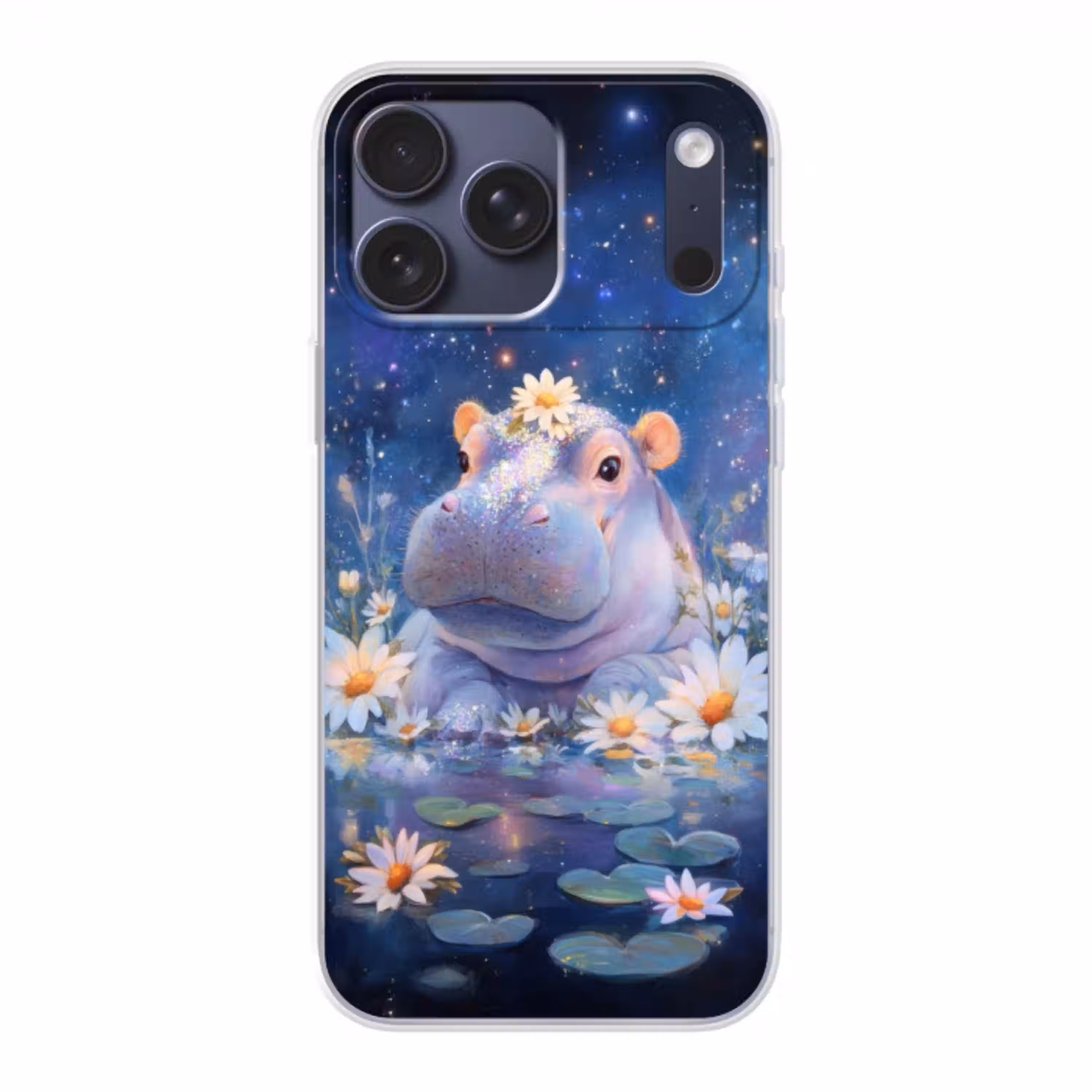 Nijlpaard - Madeliefjes - Sterrenhemel Telefoonhoesje iPhone 17 Pro Max klein -3d