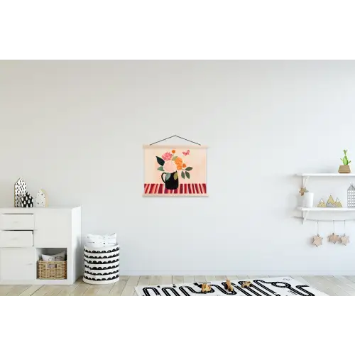 Vaas - Bloemen - Vlinder - Rood textielposter latten blank klein -kinderkamer