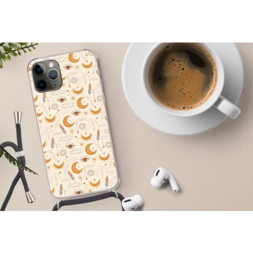 Boho - Print - Ogen - Maan - Veren - Beige Hoesje iPhone 12 Pro met koord klein -oordop