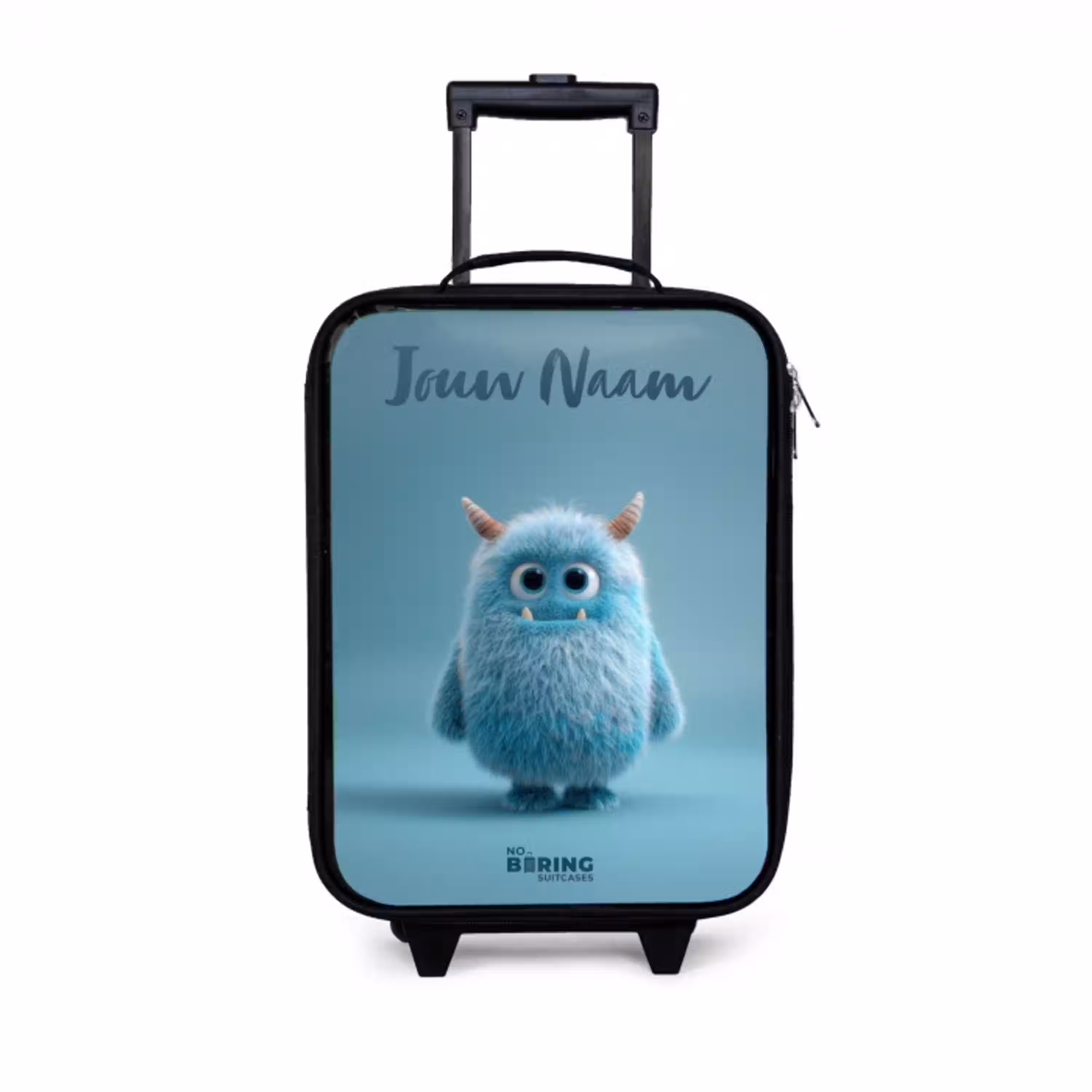 Blauw pluizig monster met hoorns Kinderkoffer - Zwart klein -3d