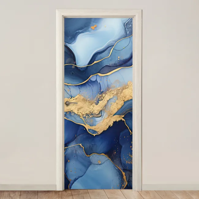 Deursticker - Marmer - Blauw - Goud - Abstract