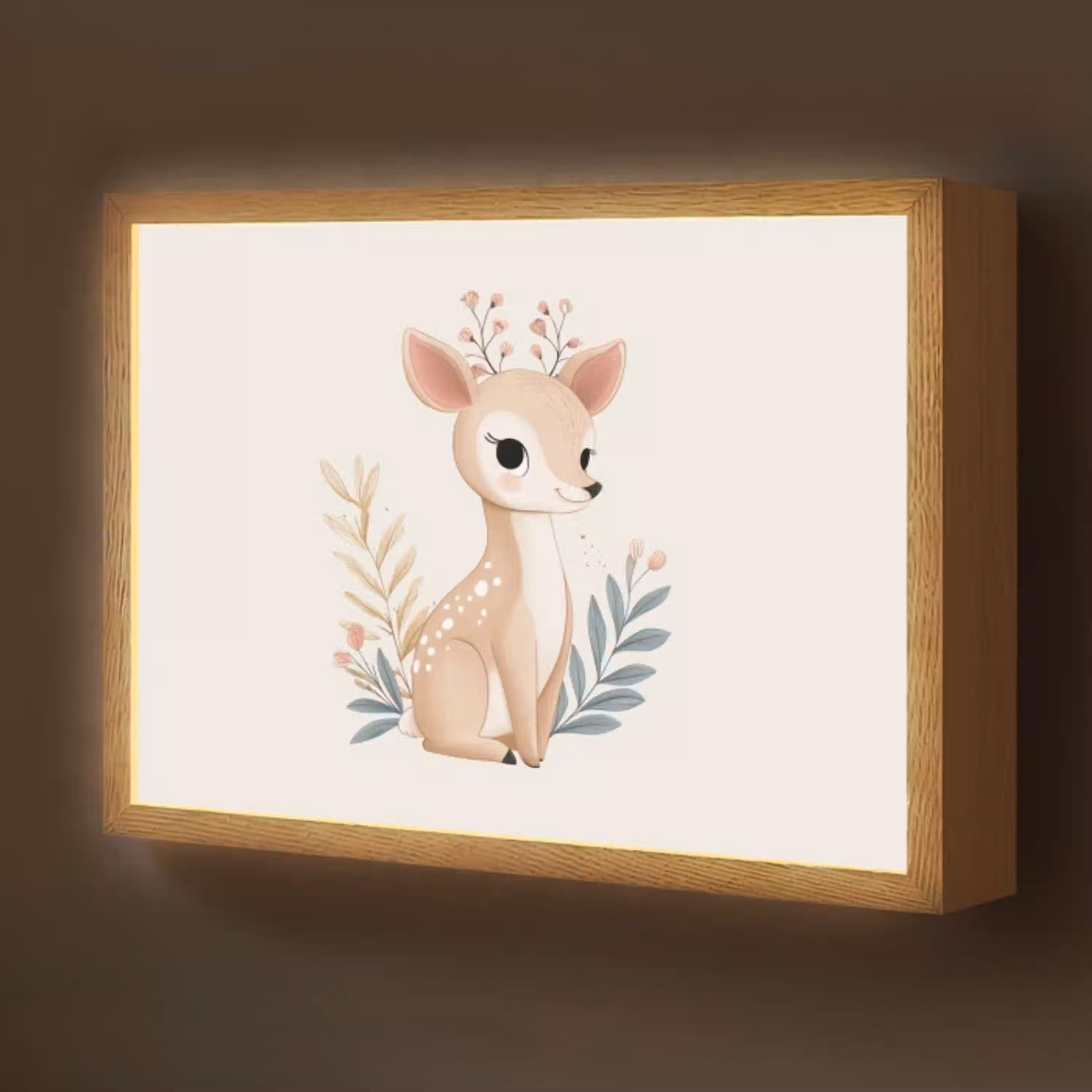 Hertje - Minimalistisch - Aquarel - Bladeren Light Box met batterij (Wandlamp kind) middel -z3d_website