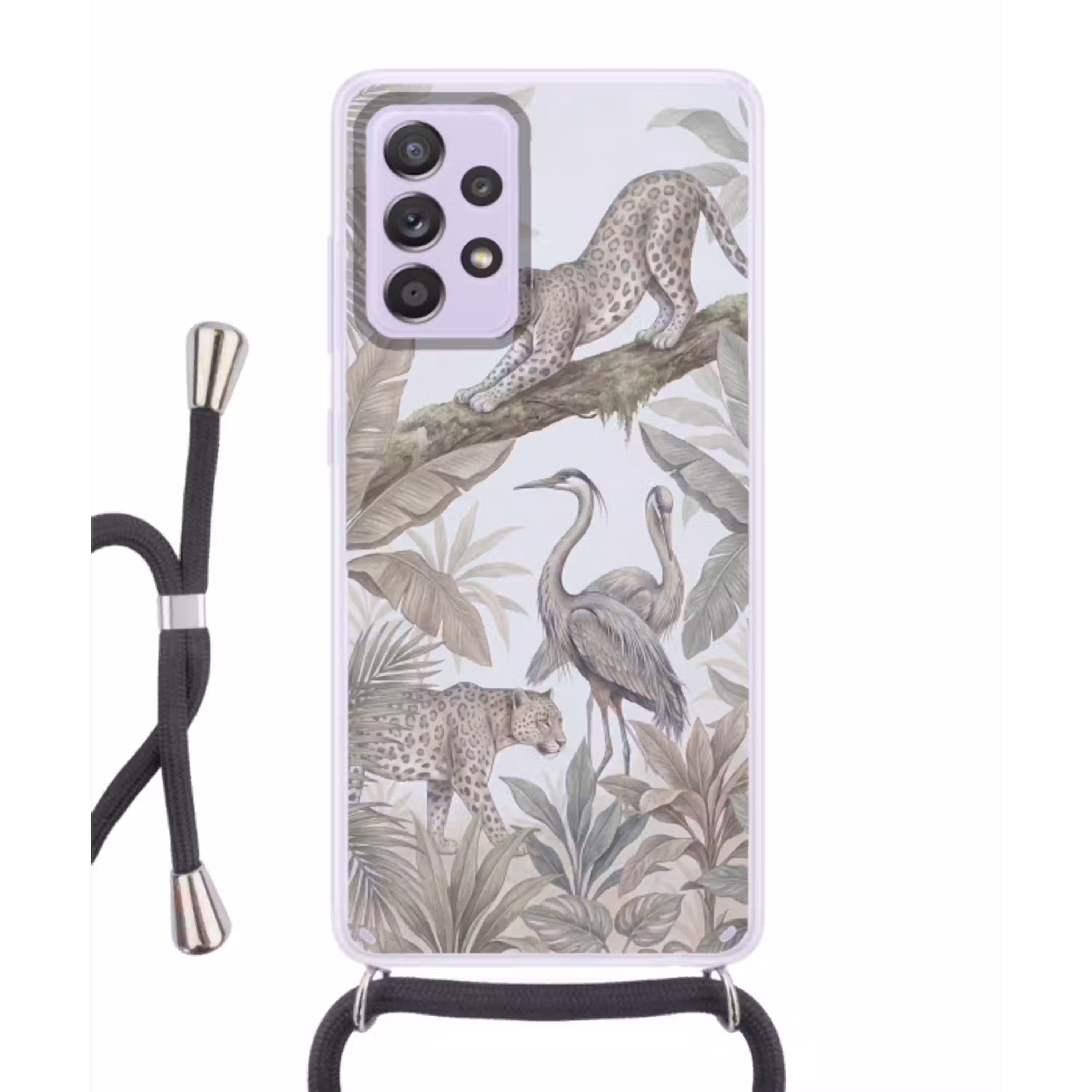 Kat - Vogel - Jungle - Illustratie - Dieren Hoesje Samsung Galaxy A52 5G met koord klein -3d