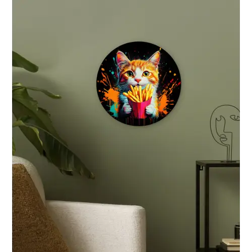 Kat - Eten - Patat - Graffiti - Abstract Wandcirkel plexiglas klein -sfeer3