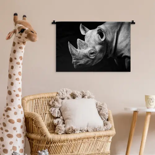 Dieren - Neushoorn - Zwart - Wit - Portret Wandkleed katoen klein -wsfeer5_kind