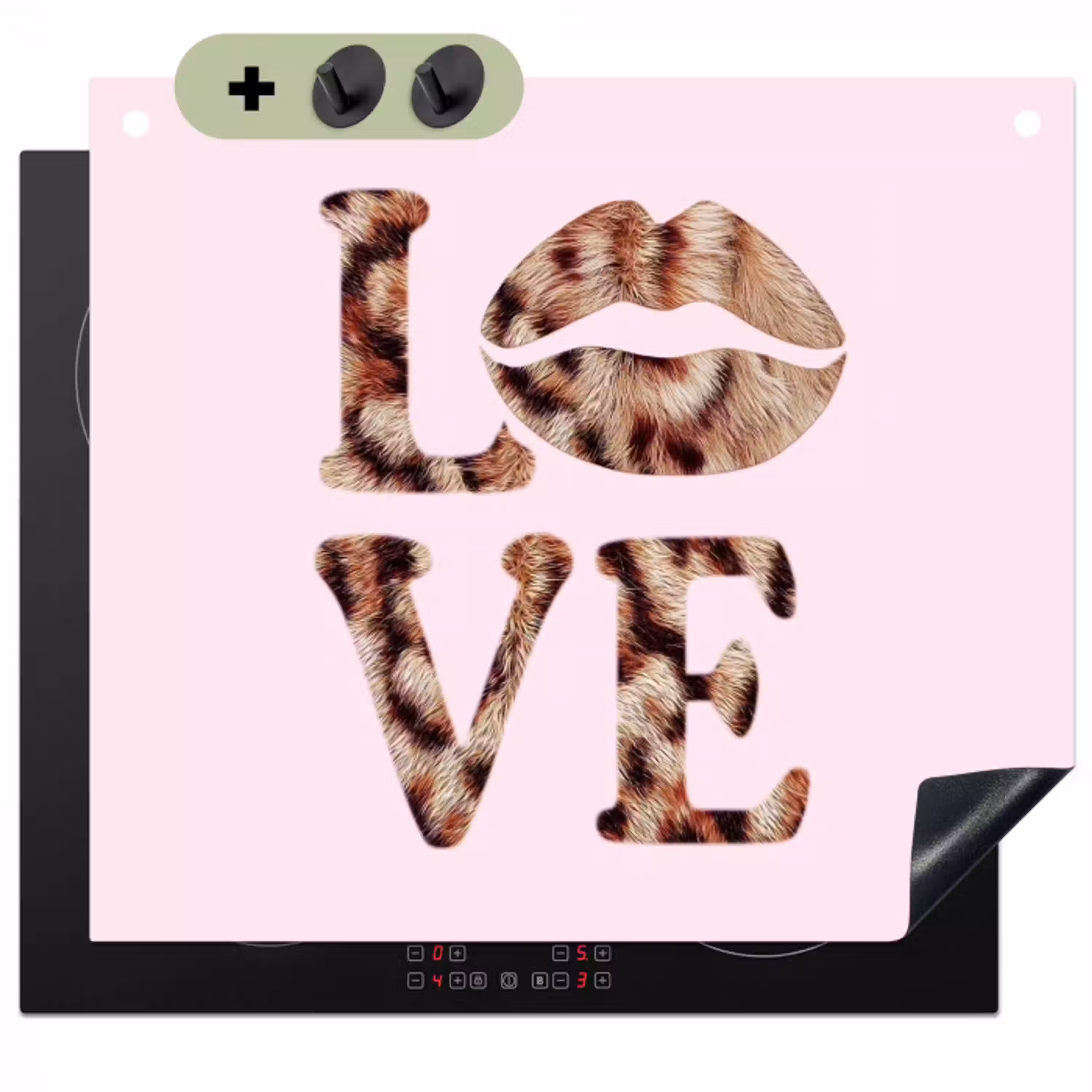 Tekst - Love - Pantervacht - Lichtroze Inductie beschemer met haakjes klein -3d
