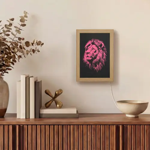 Leeuw - Zwart - Roze - Neon Light Box met kabel (Tafellamp) klein -sfeer2