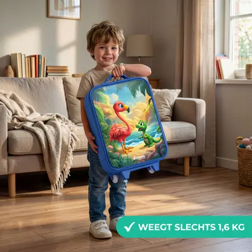 Flamingo en dinosaurus op strand bij ondergaande zon Kinderkoffer - Blauw klein -sfeer2_NL