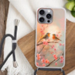 Roodborstjes - Sierlijk - Bloesemtak Hoesje iPhone 16 Pro Max met koord klein -sfeer4