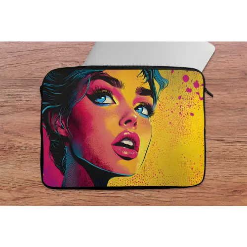 Close-up - Vrouwengezicht - Stippen - Geel laptophoes neopreen klein -tafel