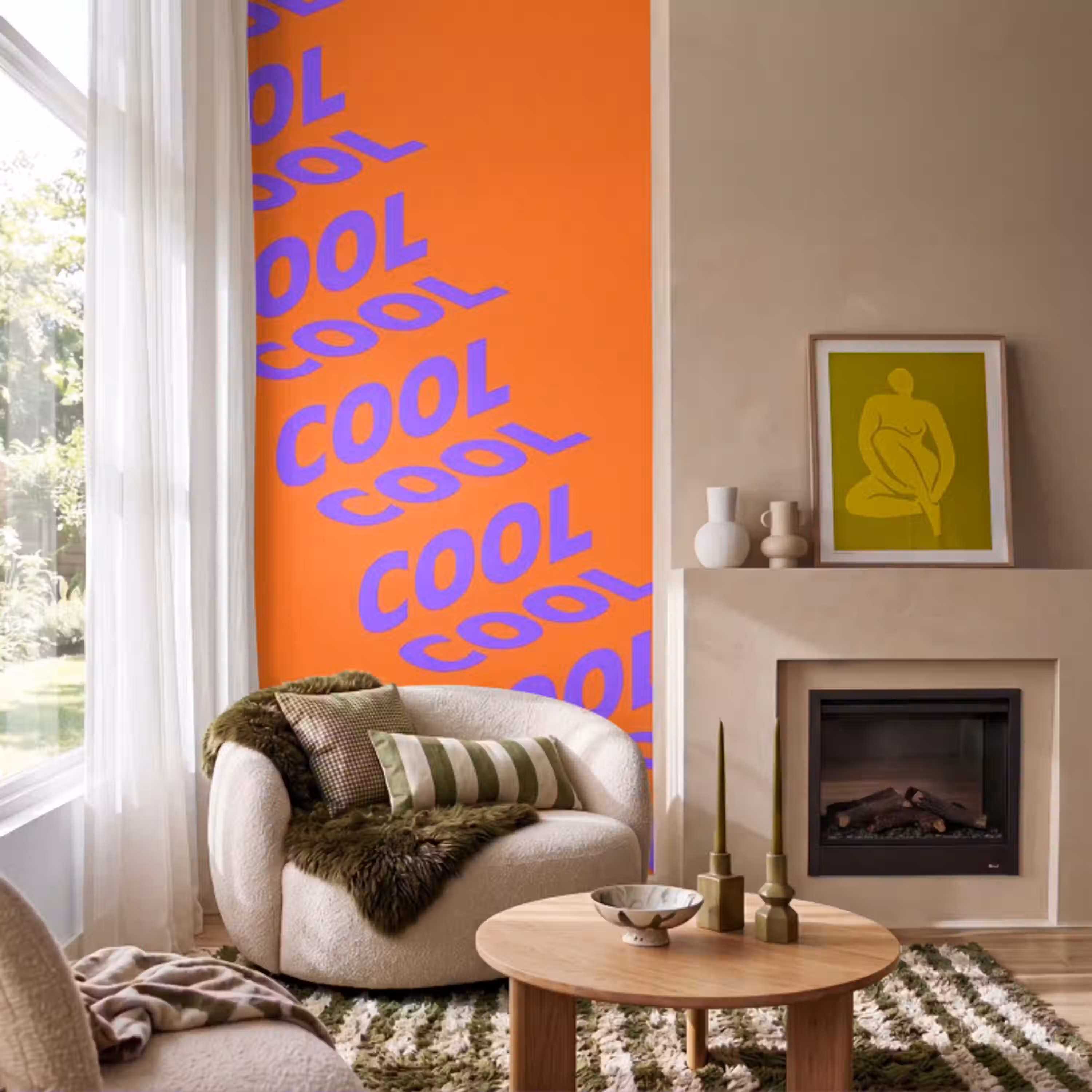 Cool - Paars - Oranje Behang Vlies klein -sfeer2