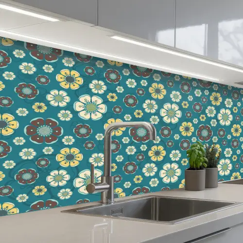 Retro - Bloemen - Patronen - Blauw keuken achterwand 2 middel 871 -3d_schuin