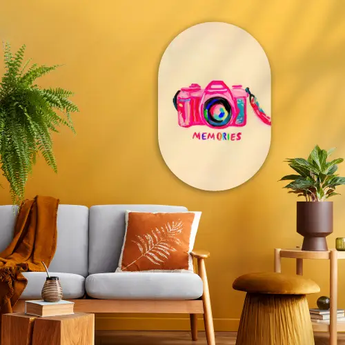 Camera - Memories - Roze - Geschilderd Wandcirkel Ovaal Glas middel -sfeer4