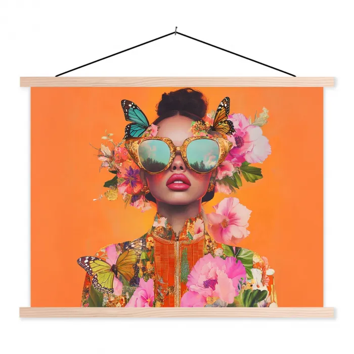 Vlinders - Vrouw - Zonnebril - Kleurrijk textielposter latten blank klein -3d