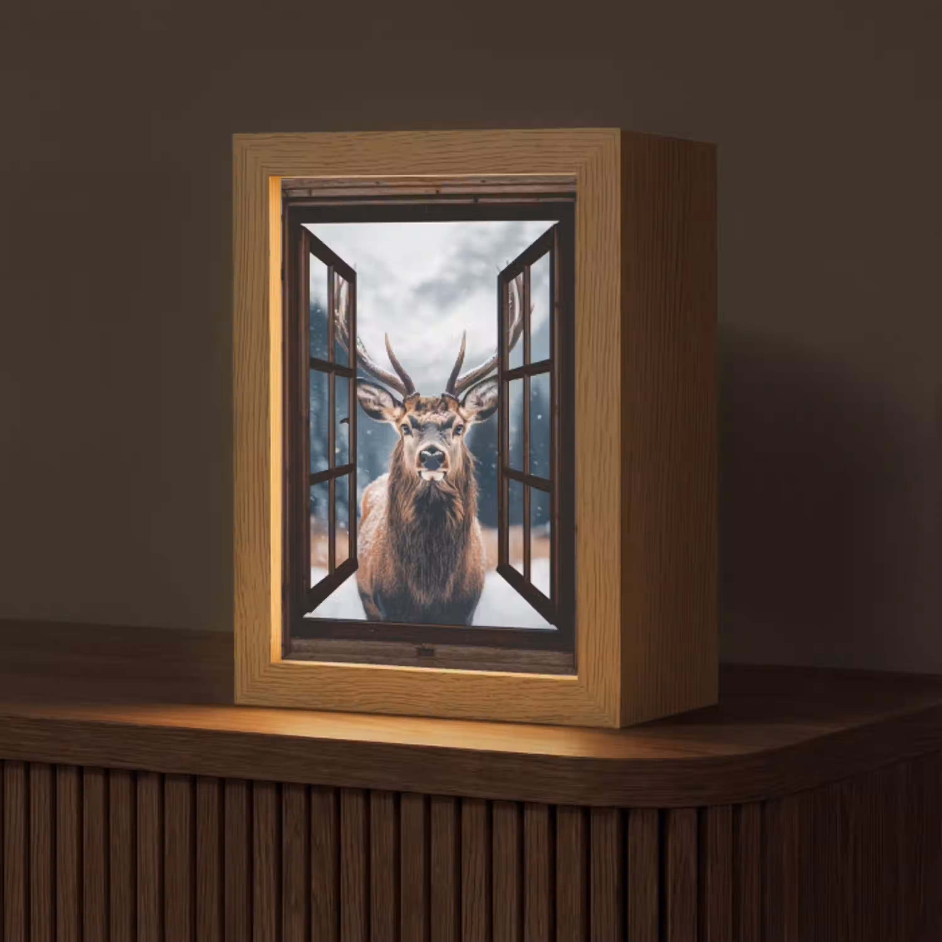 Doorkijk - Hert - Dieren - Landschap - Winter - Sneeuw - Landelijk Light Box met kabel (Tafellamp) klein -z3d_website