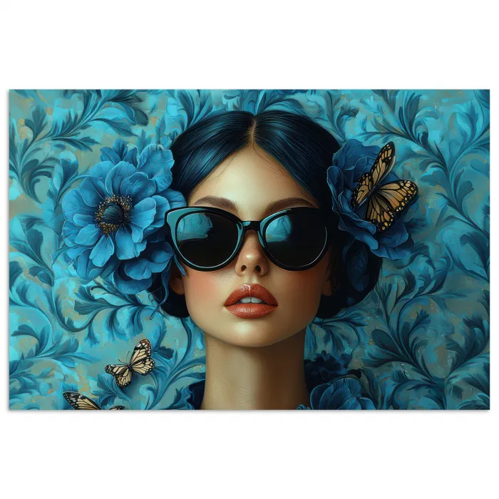 Vrouw - Bloemen - Vlinders - Blauw - Abstract poster papier klein -3d
