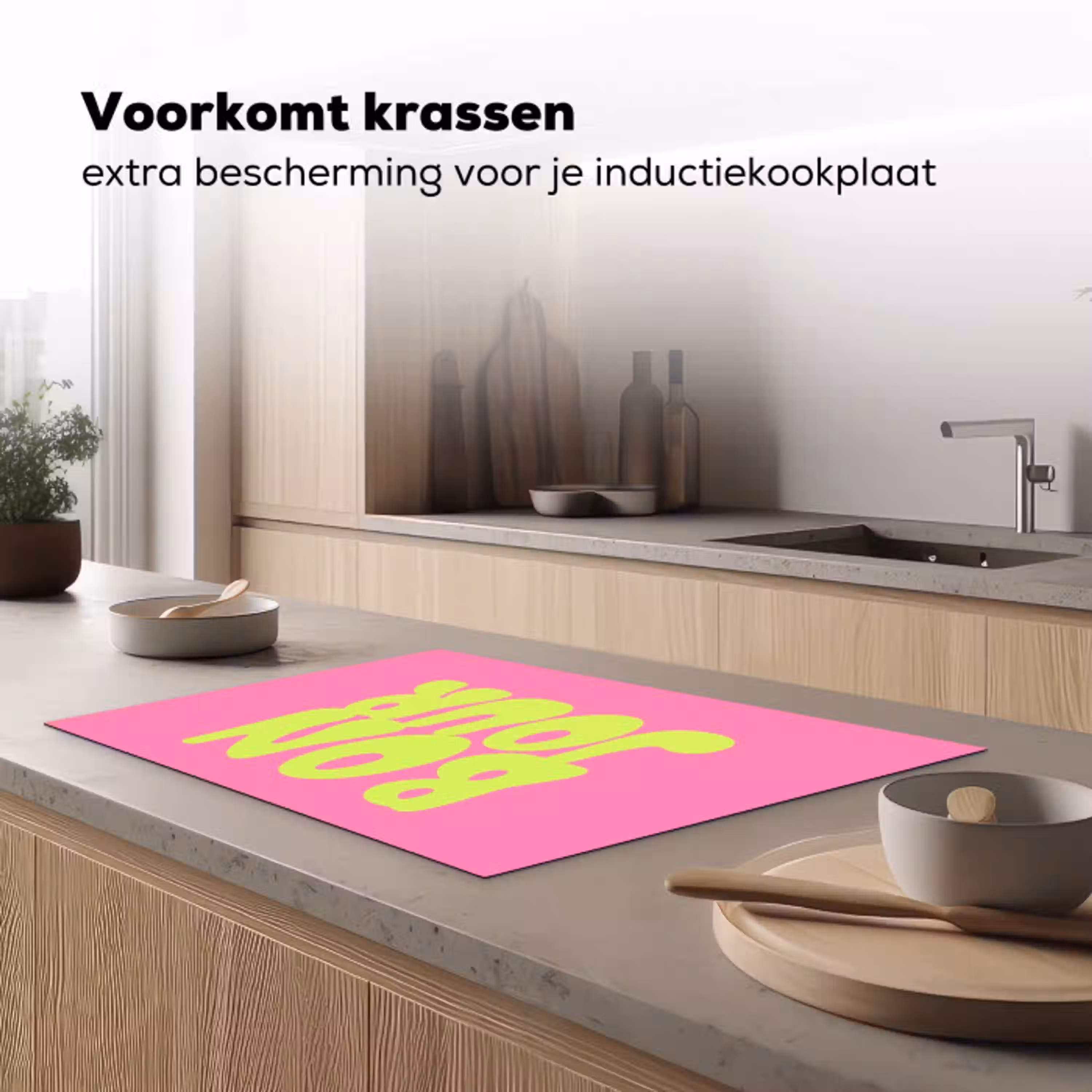 Bonjour - Roze - Fel groen Inductie beschermer vinyl 3mm klein -sfeer1
