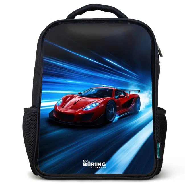 Kids' Backpacks Black -. Red racing car in digital speed world