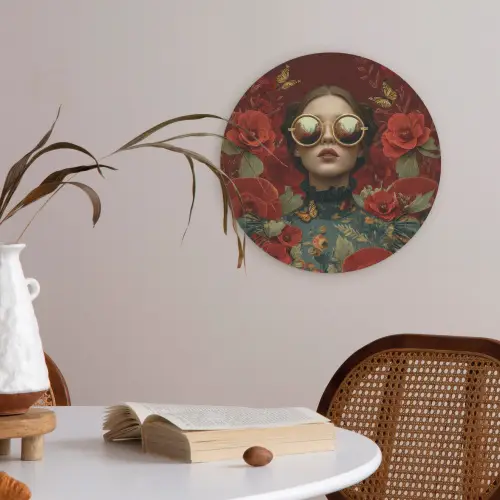 Bloemen - Dieprood - Zonnebril - Vrouw Akoestische PET Vilt - Rond klein -sfeer3