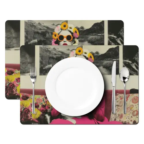 Vrouw - Kat - Bloemen - Kopje - Retro Placemat vinyl groot -zzsfeer2_Kitchenyeah-website
