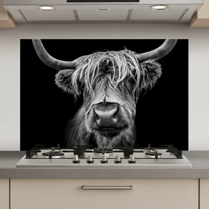 Schotse Hooglander - Horens - Zwart - Wit - Koe - Wild - Dieren keuken achterwand spatscherm klein -3d_website