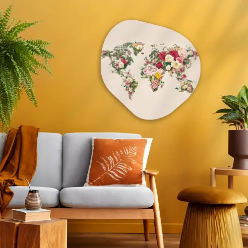 Wereldkaart - Bloemen - Roze Wandcirkel Organisch Aluminium middel -sfeer4