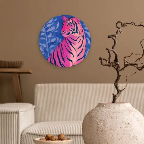 Tijger - Roze - Bladeren - Jungle Wandcirkel plexiglas klein -sfeer1