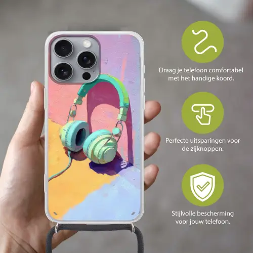 Koptelefoon - Mintgroen - Draad Hoesje iPhone 16 Pro Max met koord klein -sfeer2_NL