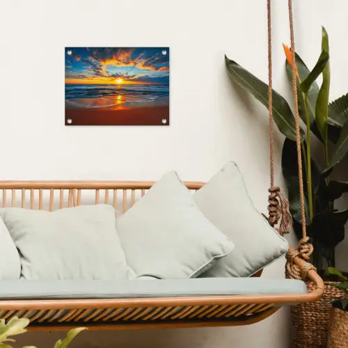 Zee - Zonsondergang - Strand - Wolken - Oranje tuinposter los doek klein -sfeer7