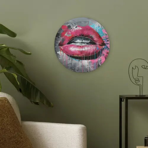 Lippen - Felroze - Graffiti - Verfstrepen Akoestische PET Vilt - Rond klein -sfeer2