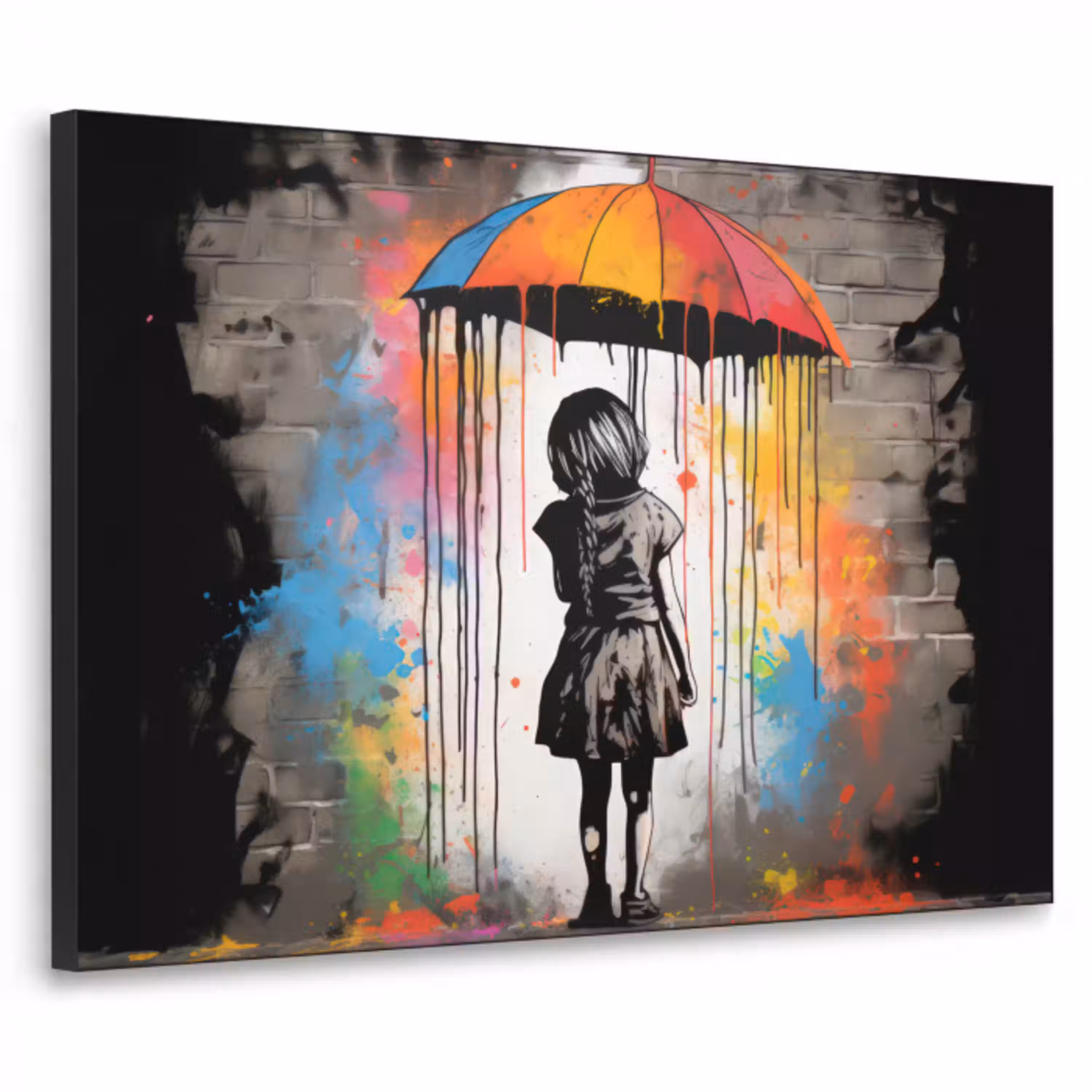 Meisje - Kunst - Paraplu - Graffiti - Kleuren - Muur Textielframe zwart klein -3d