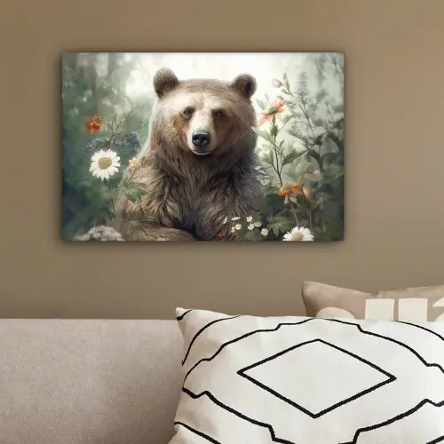 Bruine beer - Wilde dieren - Bloemen - Planten canvas 2cm klein -sfeer3