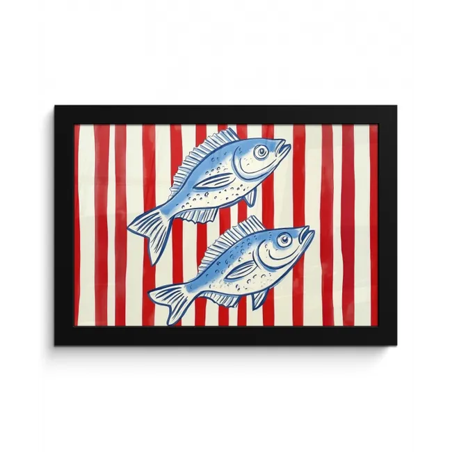 Vissen - Verticale strepen - Blauw - Rood fotolijst zwart zonder passe partout klein -3d