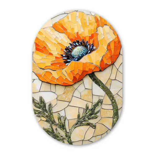 Klaprozen - Oranje - Mozaïek - Bladeren Wandcirkel Ovaal Glas middel -3d