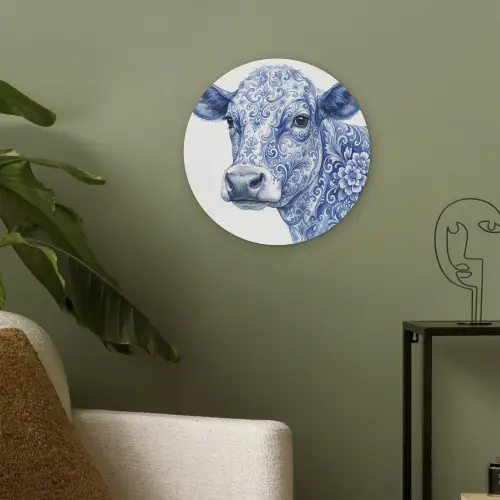Illustratie - Koe - Blauw Akoestische PET Vilt - Rond klein -sfeer2