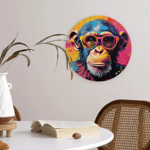 Graffiti - Chimpansee - Aap - Bril - Kleurrijk Wandcirkel kunststof plaat 5mm dik klein -sfeer4