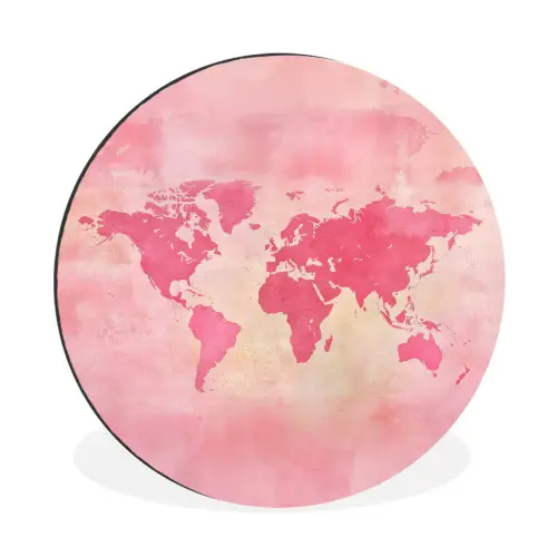 Wereldkaart - Roze - Vaag Wandcirkel aluminium klein -3d