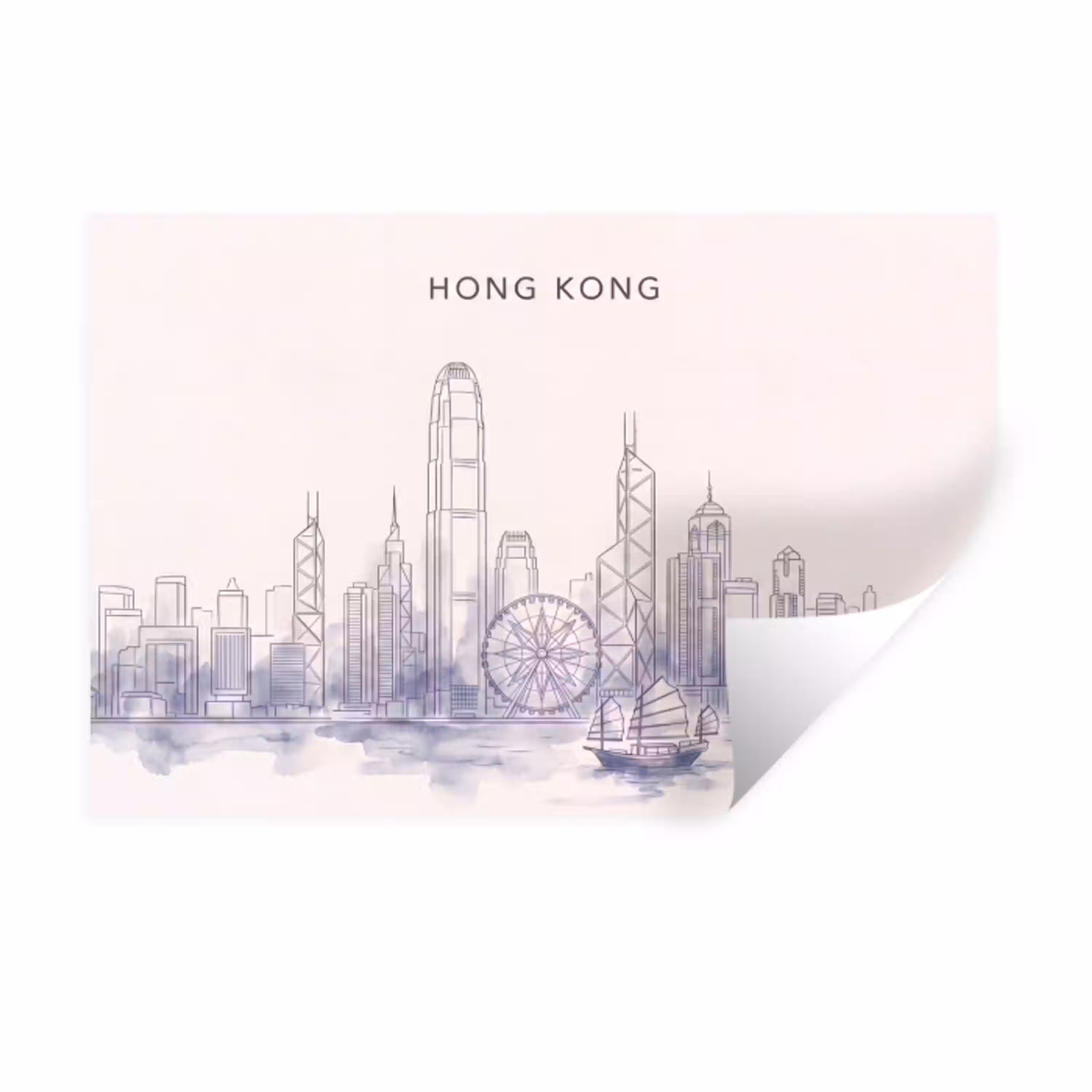 Stad - Skyline - Water - Lijntekening - Blauw Muursticker klein -3d