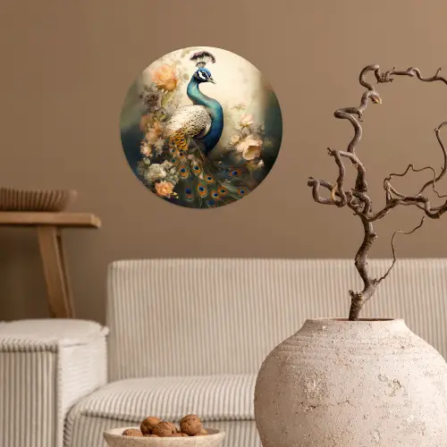 Pauw - Pauwenveren - Bloemen - Vogels - Botanisch Wandcirkel behangsticker klein -sfeer1