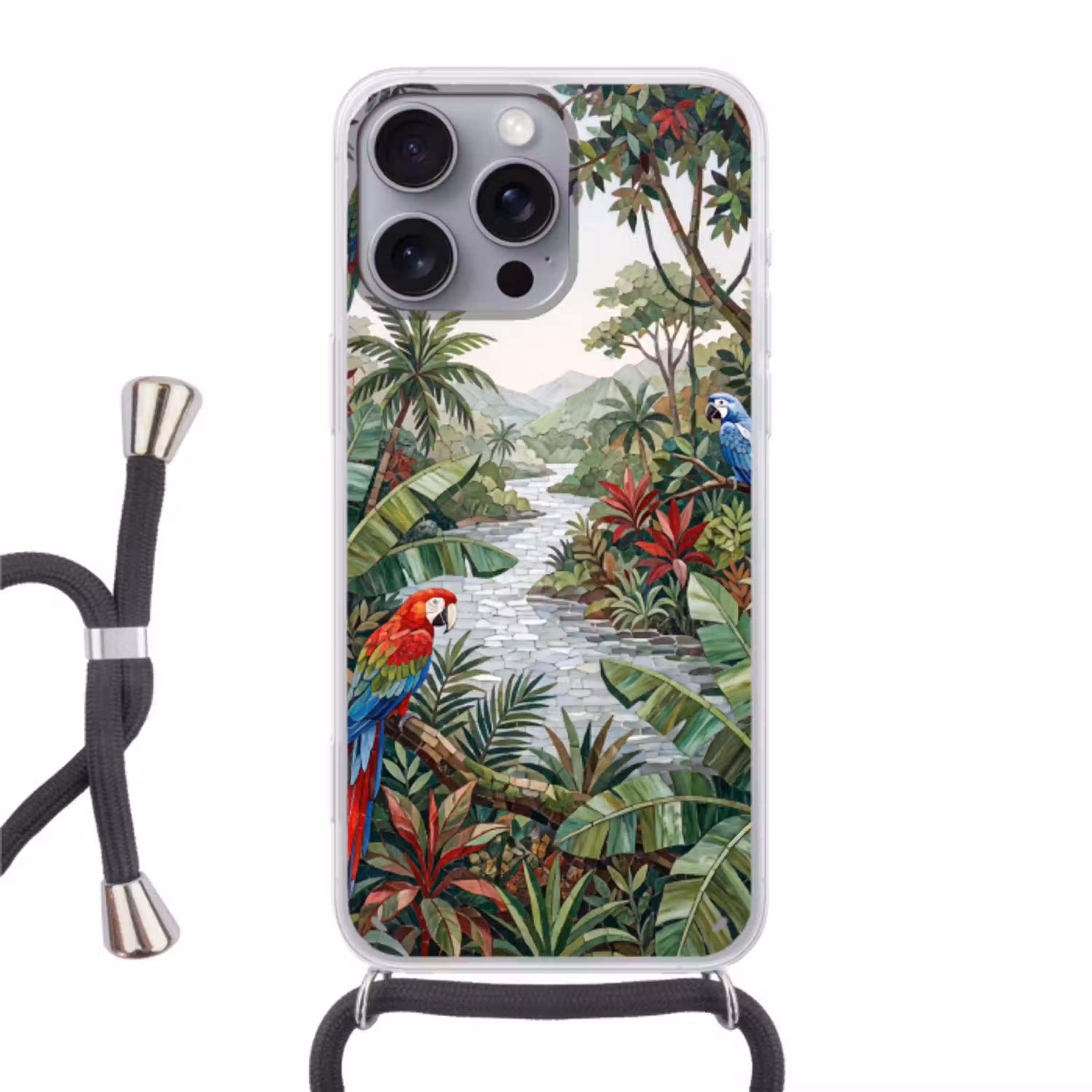 Vogel - Jungle - Natuur - Mozaïek - Groen Hoesje iPhone 16 Pro Max met koord klein -3d