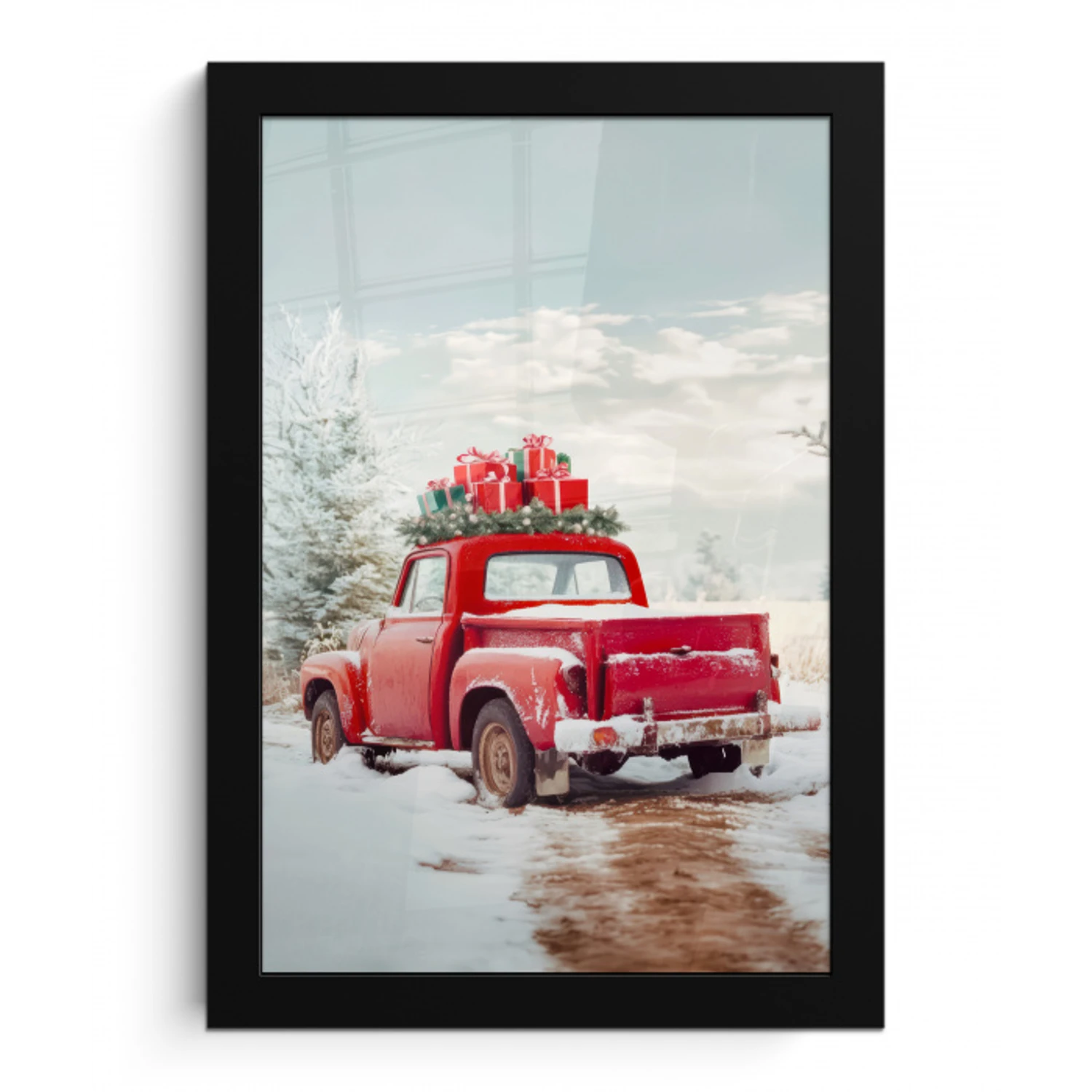 Auto - Rood - Cadeaus - Winter - Sneeuw - Kerst fotolijst zwart zonder passe partout klein -3d