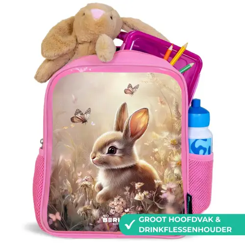 Bloemen - Bruin - Konijntje - Vlinder Kinderrugzak - Roze middel -inhoud_NL