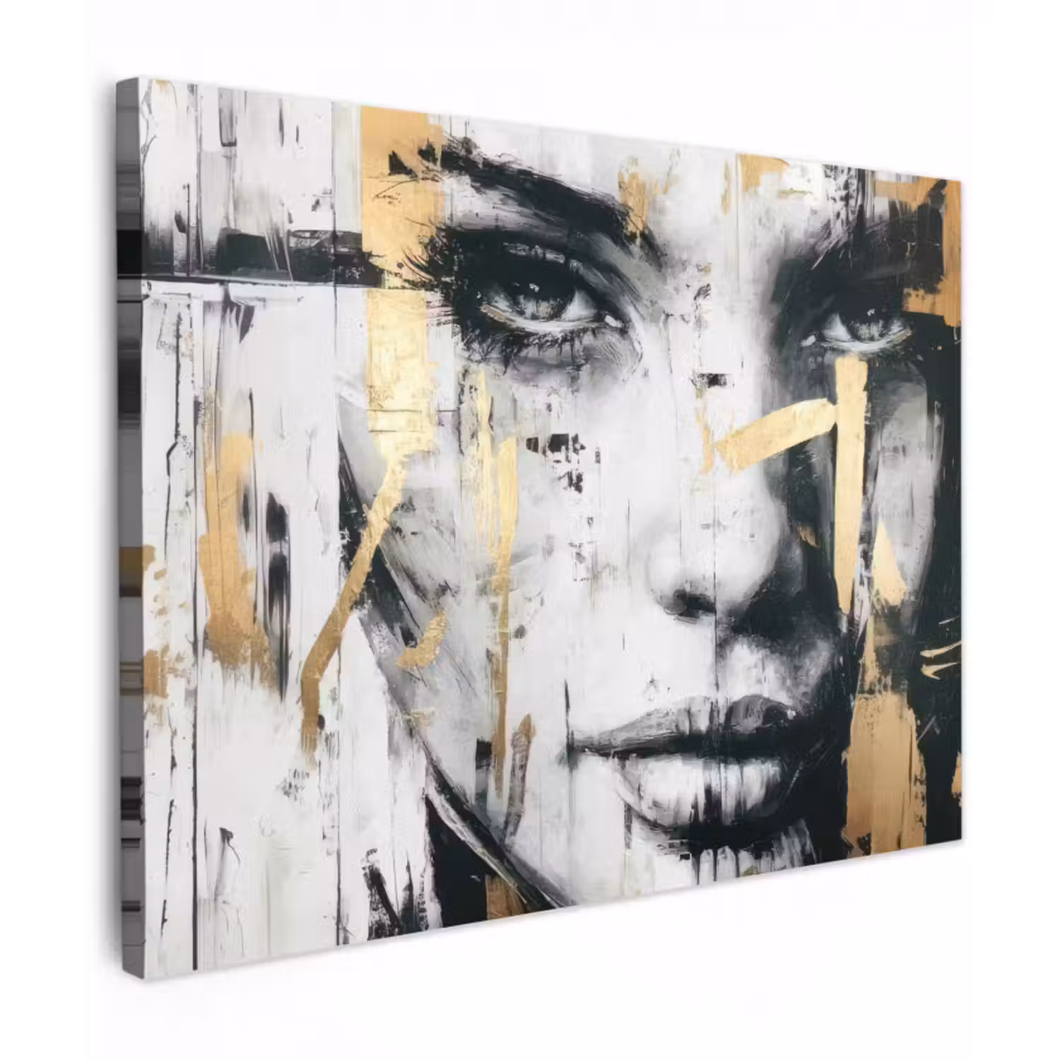 Leinwandbild - Porträt - Frau - Pinselstriche - Gold