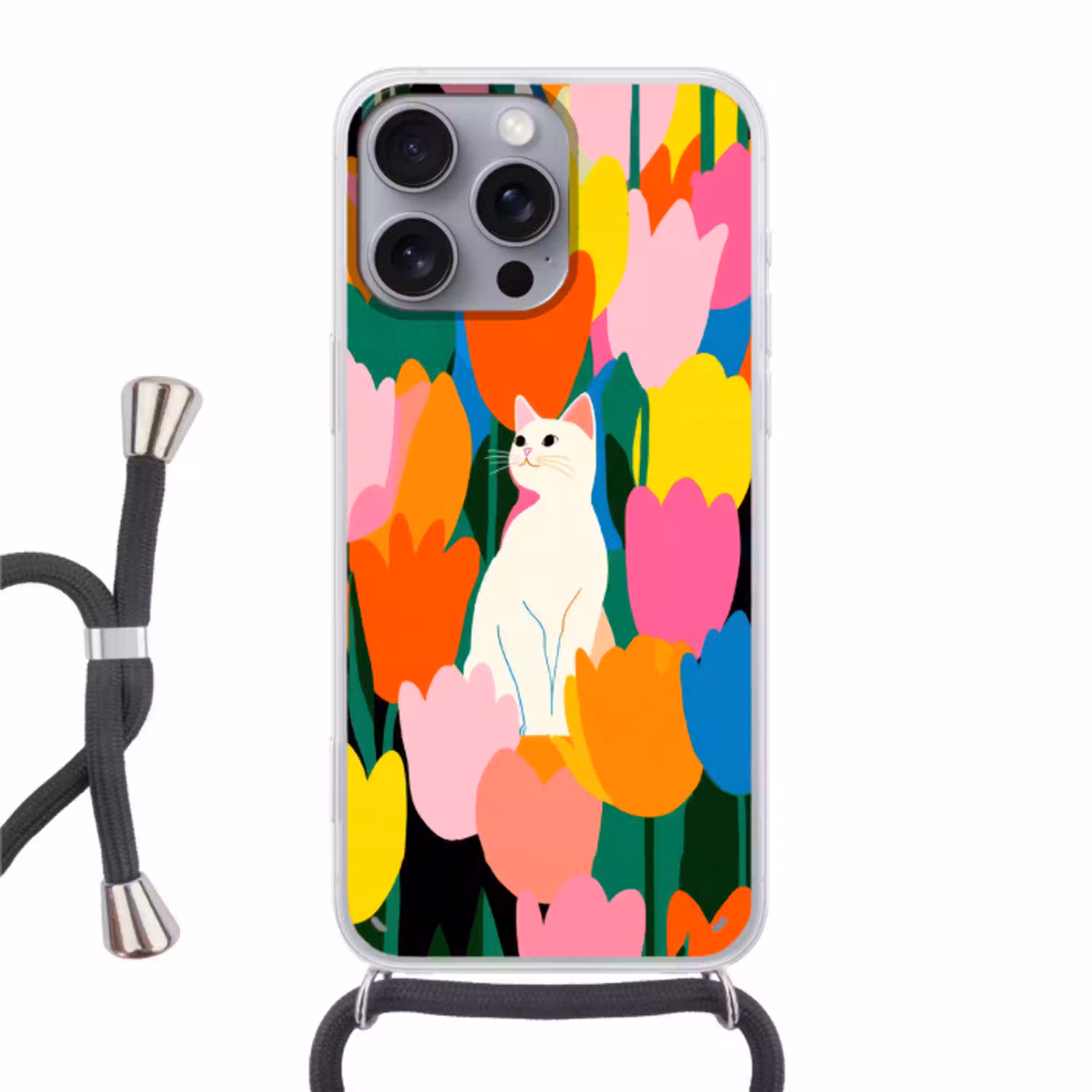 Tulpen - Kat - Kleurrijk Hoesje iPhone 16 Pro Max met koord klein -3d