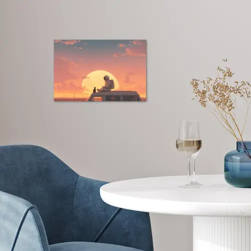 Busje - Kat - Zonsondergang - Oranje poster papier klein -sfeer3