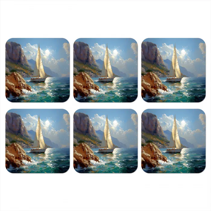 Zeilschip - Zee - Rotsen - Wolken onderzetter kurk middel -3d