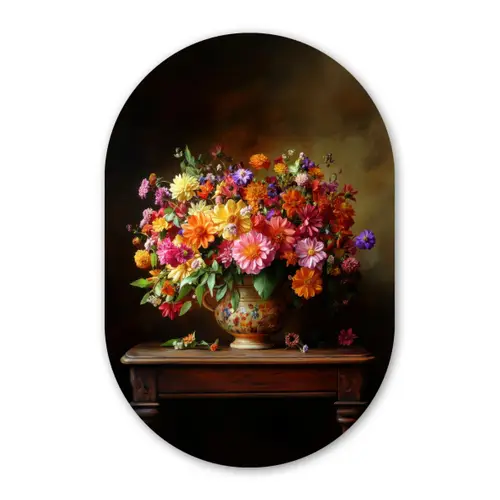 Kleuren - Boeket - Vaas - Hout Wandcirkel Ovaal Glas middel -3d